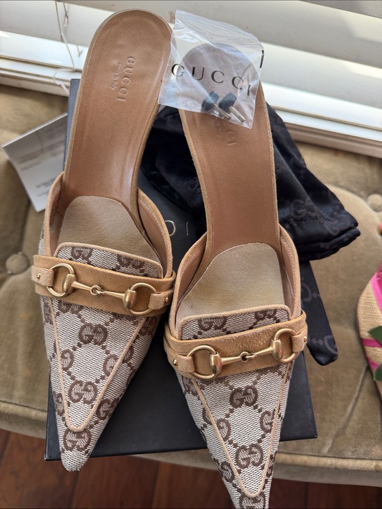 Gucci Shoes - Gucci Brown Beige GG Canvas Horsebit Pointed Mules 7.5